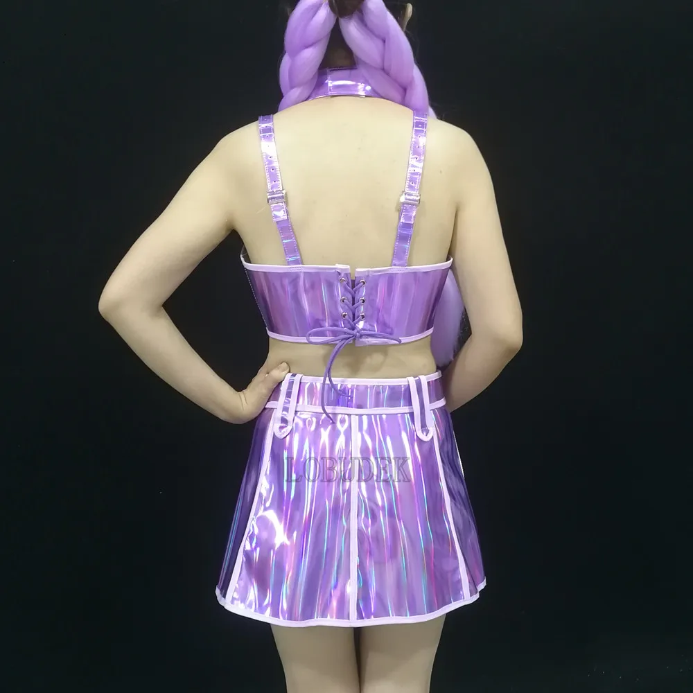 Paarse Laser Tops Rok Gevlochten Pruik Rave Outfit Sexy Nachtclub Bar DJ Gogo Prestaties Danskostuum Festival Party Stadium Slijtage