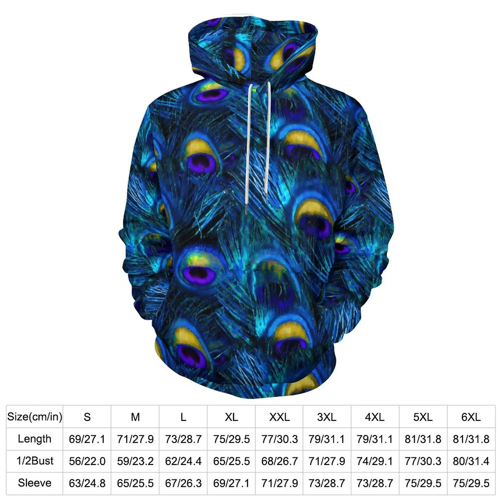 Peacock Feather Casual Hoodies Animal Print Street Wear Hoodie Male Long Sleeve Cute Design Top Big Size