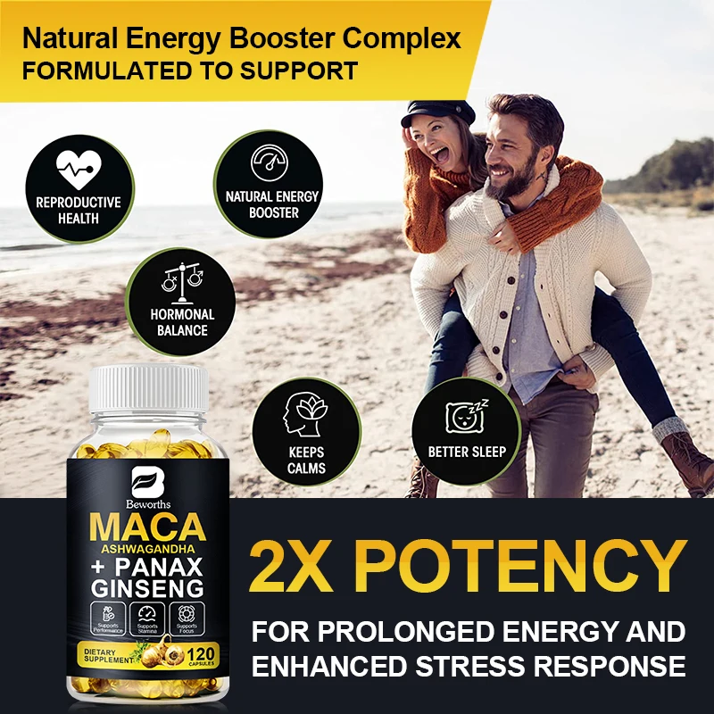 Maca+Korean Panax Ginseng Capsules for Energy Strength Male-Health Nutrition Supplement Black Maca Root, Potent and Highly Pure