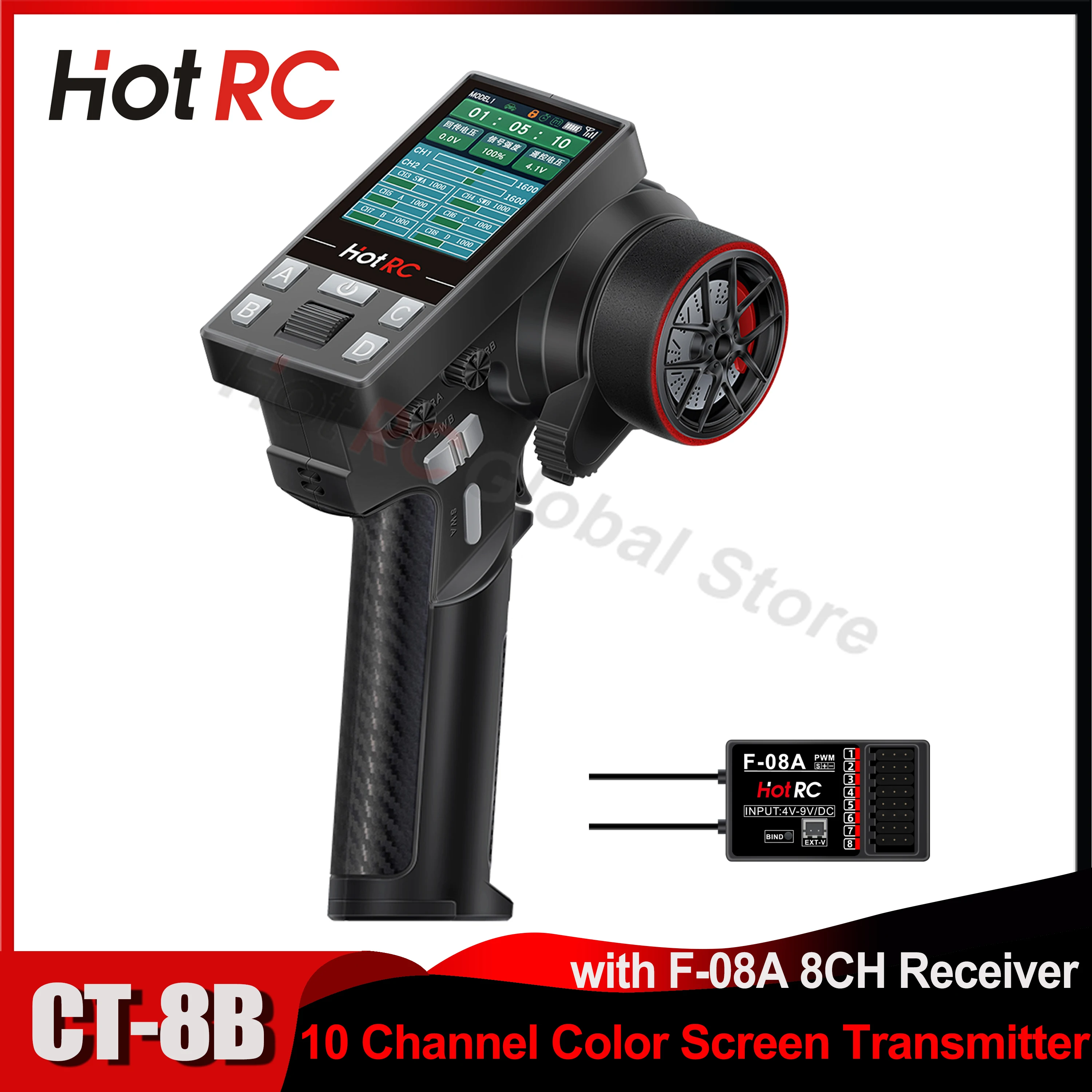 

Newest HOTRC CT-8B 10CH 8 Channels Color Screen Remote Control 2.4G 8CH F-08A Receiver Transmitter for RC Car Ship Boat Tank