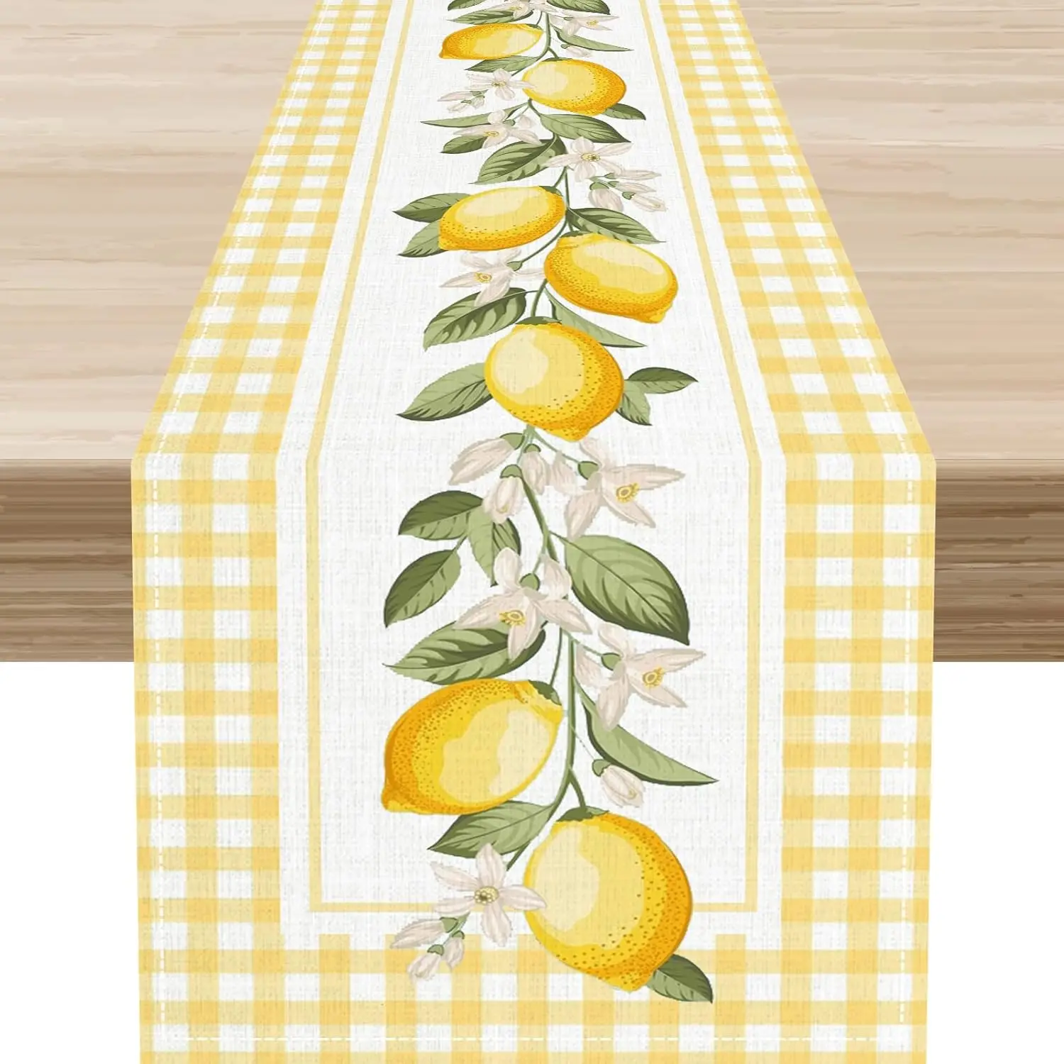 Yellow Lemon Buffalo Plaid Linen Table Runner Holiday Party Decor Summer Watercolor Fruit Flowers Table Runners Home Decorations