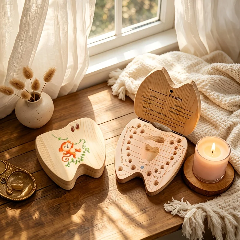 1PCS 2D Wooden Tooth Keepsake Box Forest Animals Footprints Pattern Secure Memory Chest Storage Teeth Fetal Hair Birthday Hallow