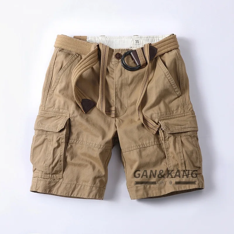 

American-style Retro Cargo Shorts for Men Summer Multi-pocket 100% Pure Cotton Washed Relaxed-fit Casual Shorts Pants with Belts