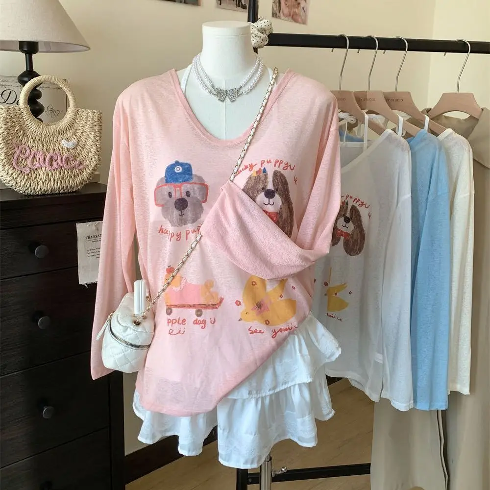 

Thin Dog Print Graphic T-shirt Sunscreen Loose Cartoon Animal Long Sleeved Top Elastic Ins Round Neck Oversized T-shirt