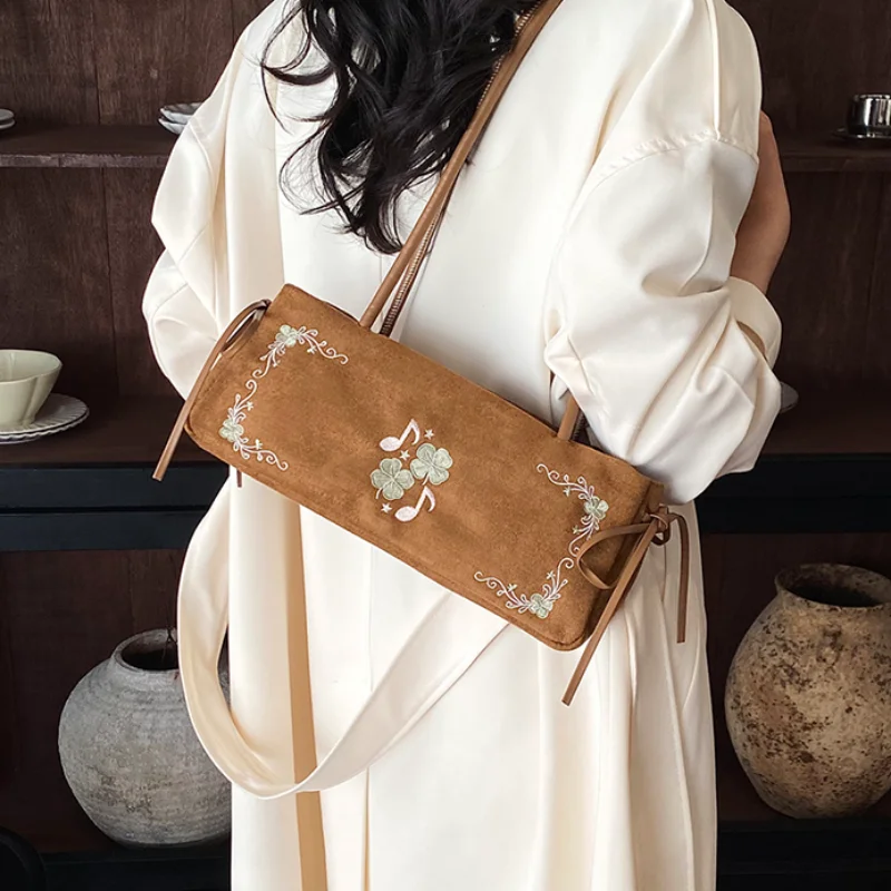 Women Elegant Retro Shoulder Bag Fashion Musical Note Flower Print Autumn Winter Handbag Exquisite Bow Decor Casual Commute Bag