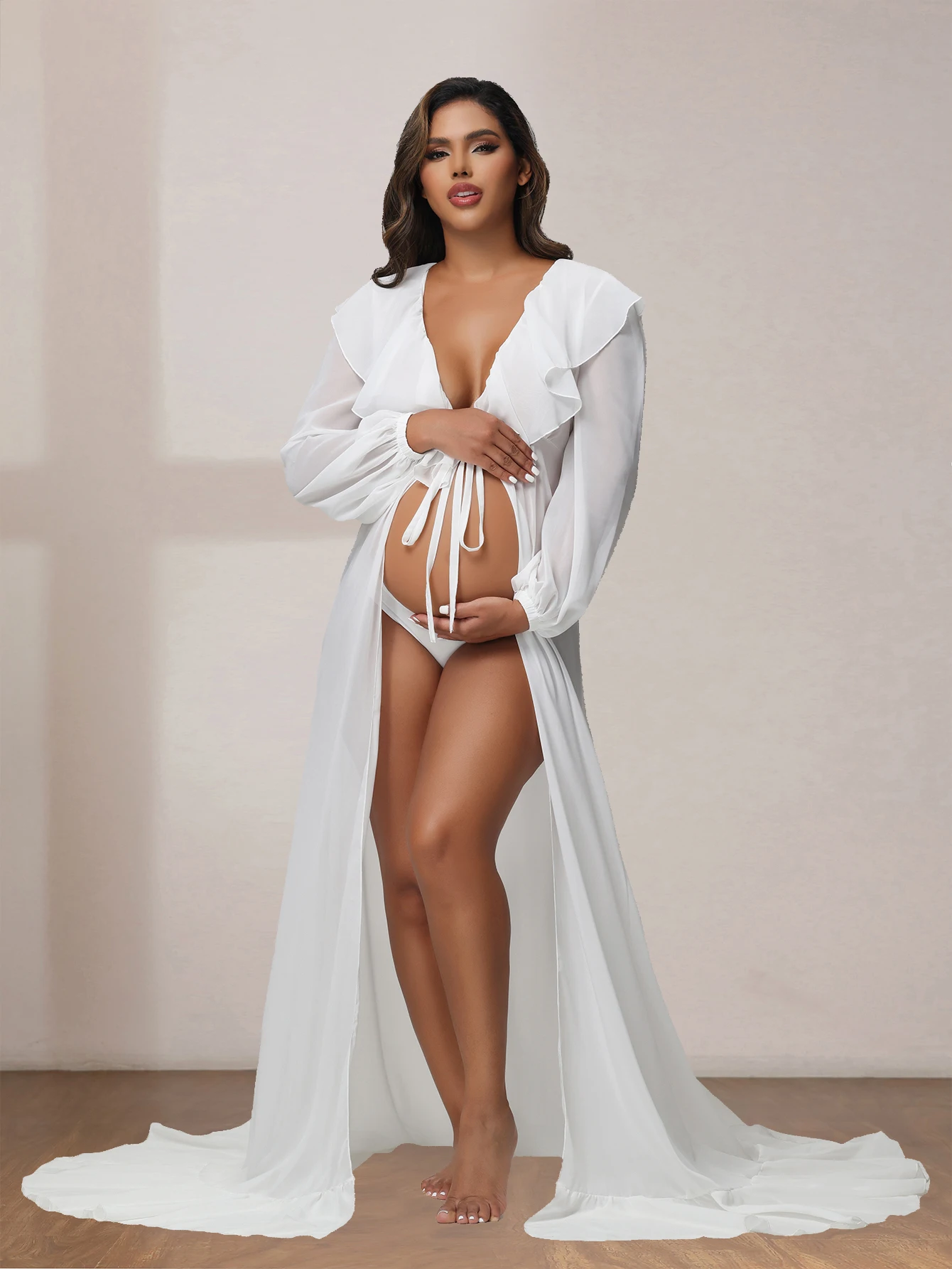 Maternity Photo Shoot Long Chiffon Dress Ruffle Neck Lantern Sleeve With Tie Cord Pregnancy Robe For Baby Shower