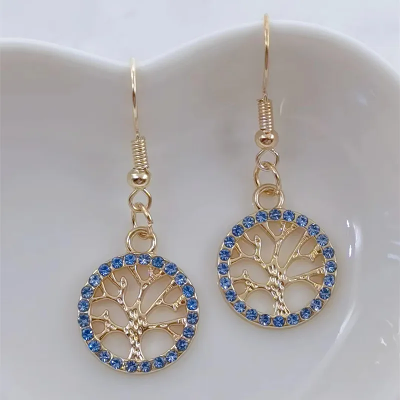 Golden Crystal Tree of Life Earrings Women's Hollow out Tree of Life Pattern Round Dot Diamond Earrings Jewelry Fashion Pendant