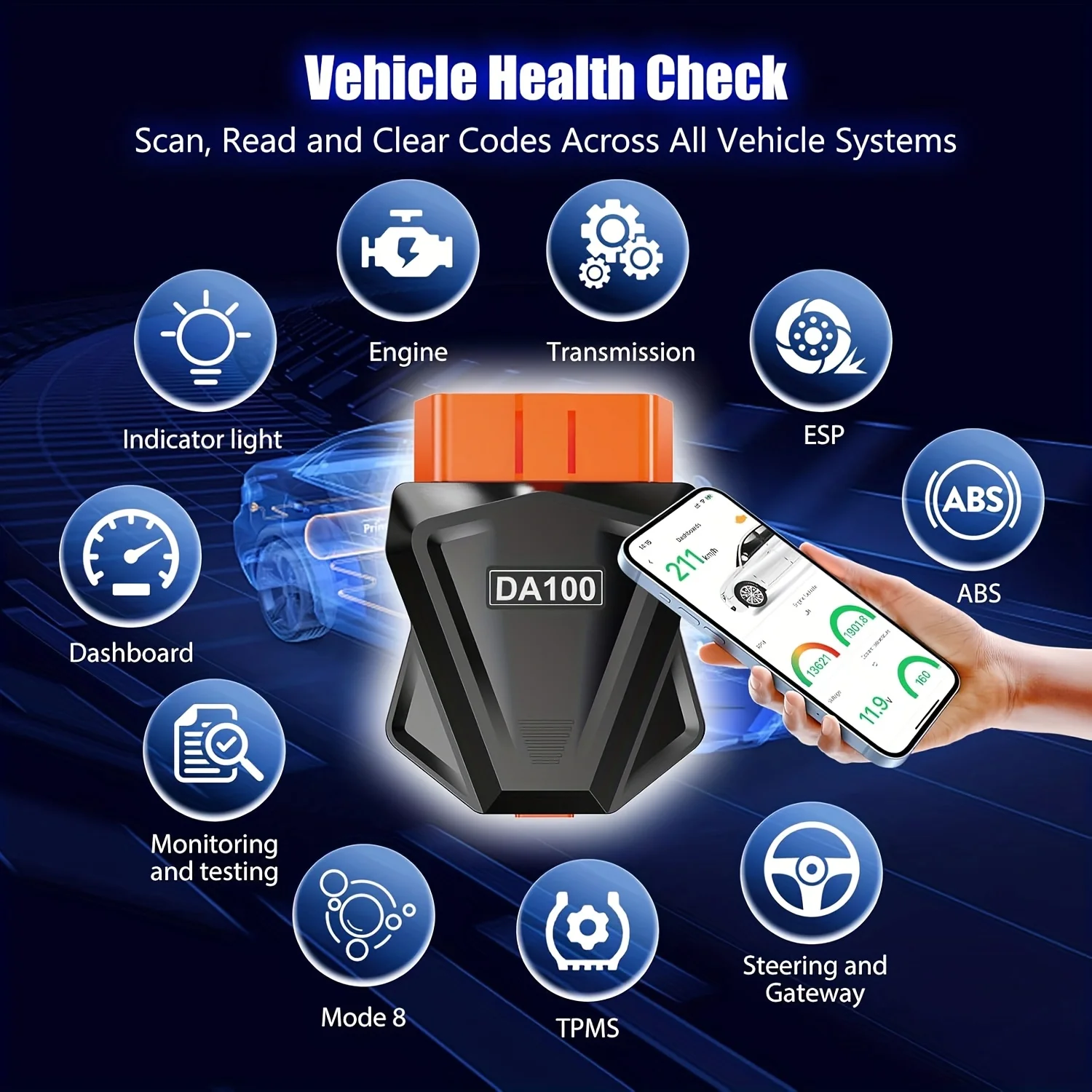 OBD2 Scanner Wireless 5.4 Code Reader Erase Fault Code Diagnostic Tools DA100 Car Accessories Battery Test For iOS Android PC