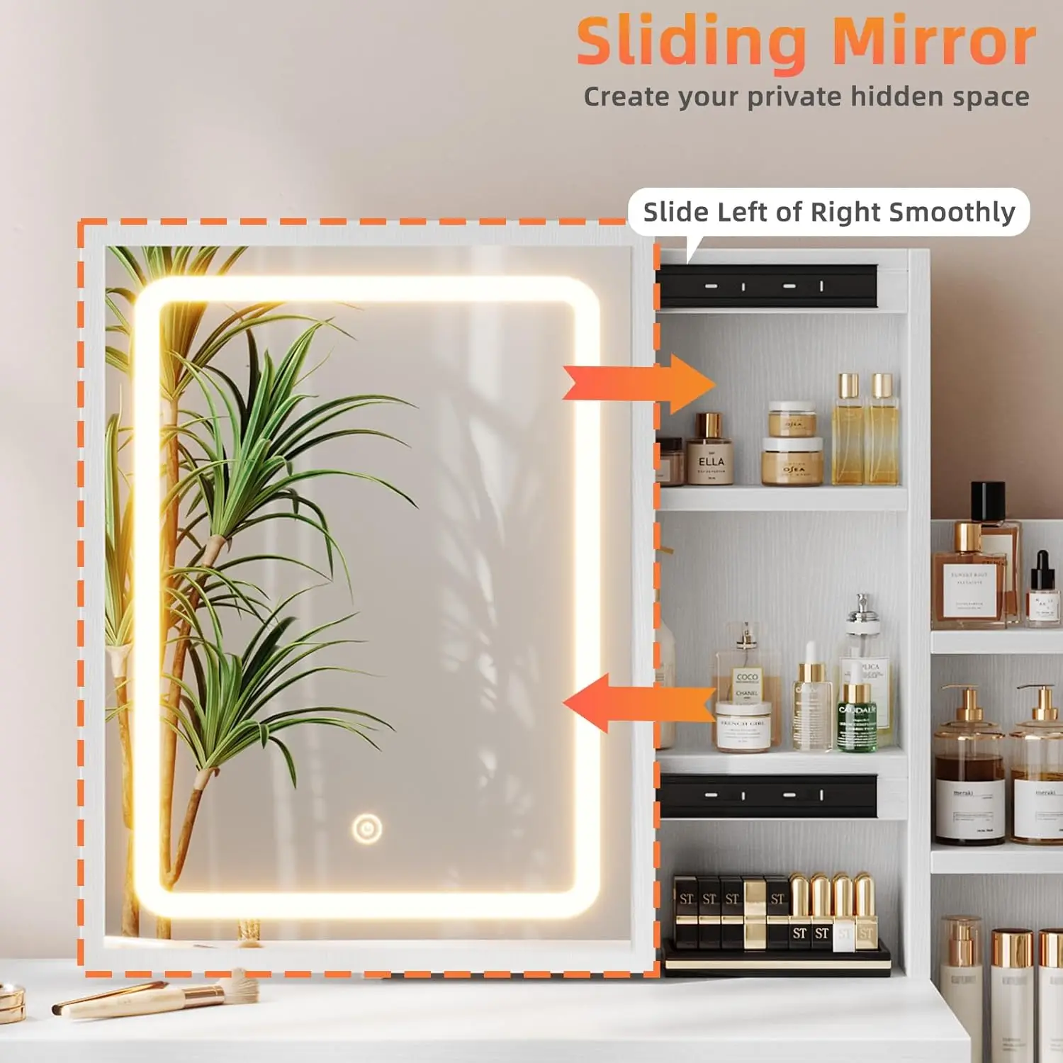 White Wooden Vanity Desk for Bedroom with 3 Adjustable Lighting Modes, Sliding Mirror, 4 Drawers and 7 Shelves view 5