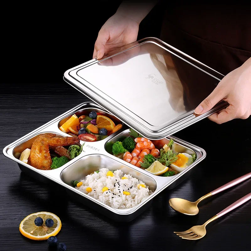 304 Stainless Steel Divided Dinner Tray Lunch Container Food Plate for School Canteen 3/5/4 Section Divided Bento Tray Tableware