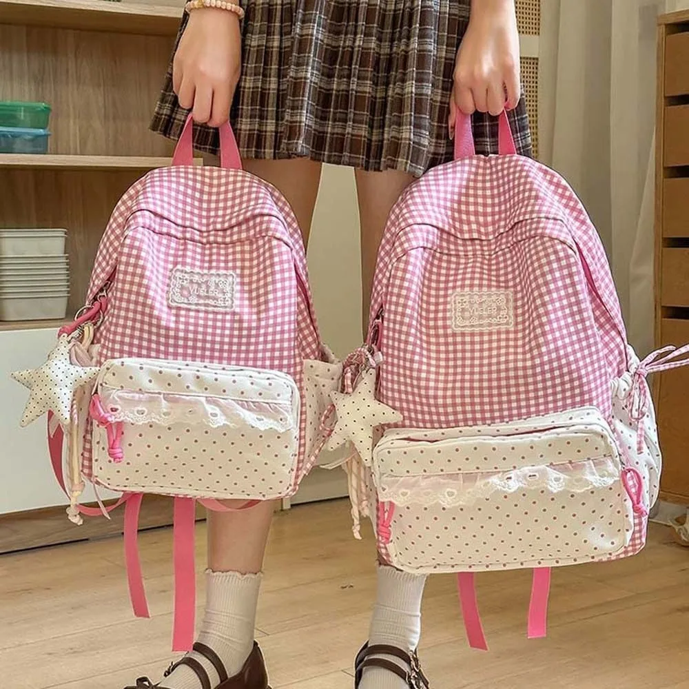 Korean Style Plaid Backpack Pastel Color Ruffle Design Lace Schoolbag Adjustable Straps Lightweight Gingham Daypack