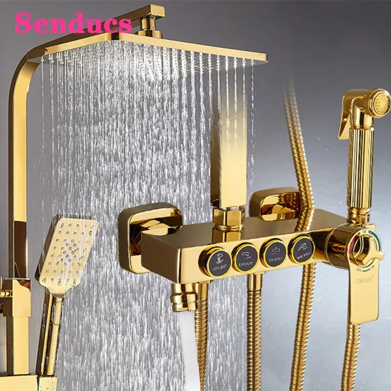 Luxury Gold Rainfall Bathroom Shower Sets  Wall Mount Shower Faucet  with Handshower + Shelf Brass Bathroom Shower Mixer Tap