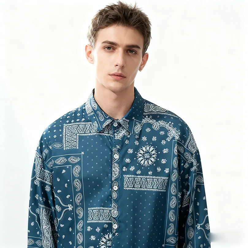 

Men's Oversize Bandana Shirt Spring Long Sleeve Print Harajuku Hawaiian Casual Checked Clothing 2025 Z1