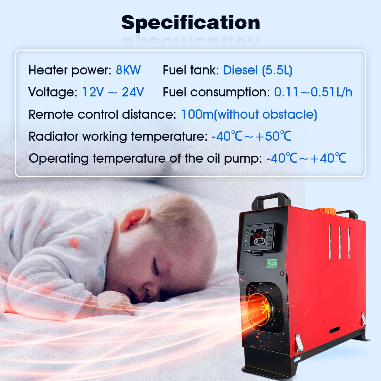 Diesel Heater 8KW 12V-24V Portable Car Diesel Air Heater w Muffler Remote Control Fast Heating Defrost Defog for Campers Truck