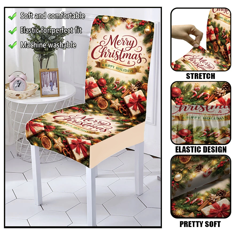Christmas Midrile gift box cookies with holly pattern print, elastic chair cover,  suitable for Christmas party decoration