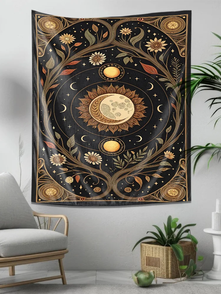 "Tapeçaria com tema de astronomia vintage - Pano decorativo para pendurar sol e lua"
