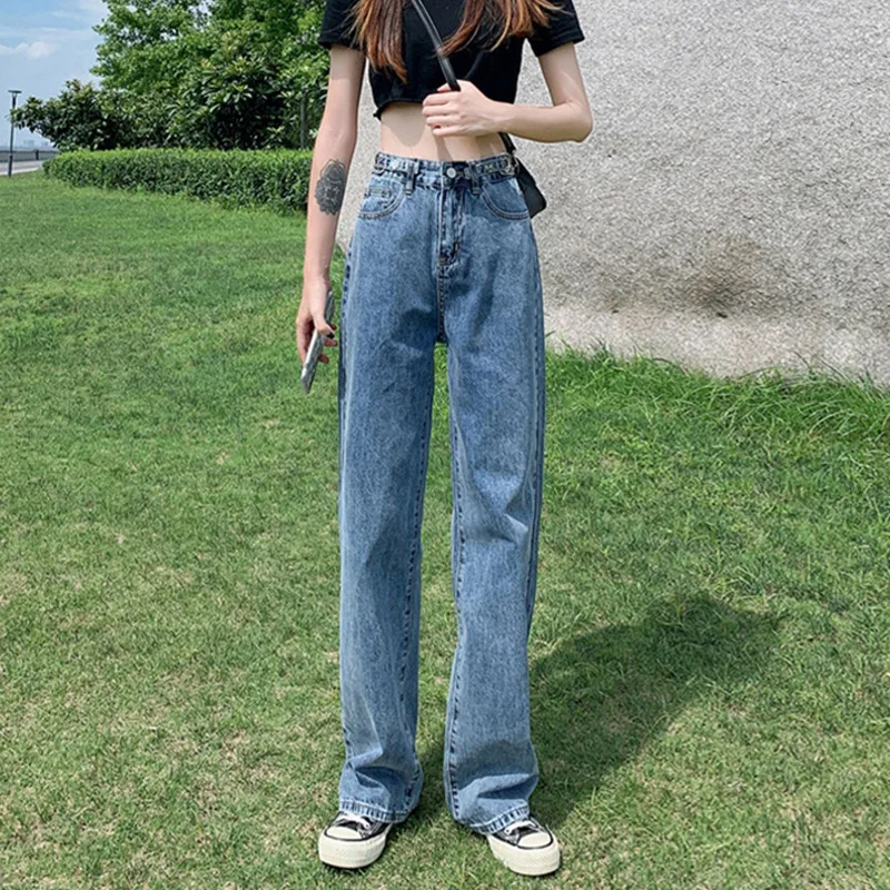 Jeans taille haute à jambes larges, jeans à la mode printemps et été pour femmes, jeans décontractés à jambe droite et à longueur de plancher, version coréenne