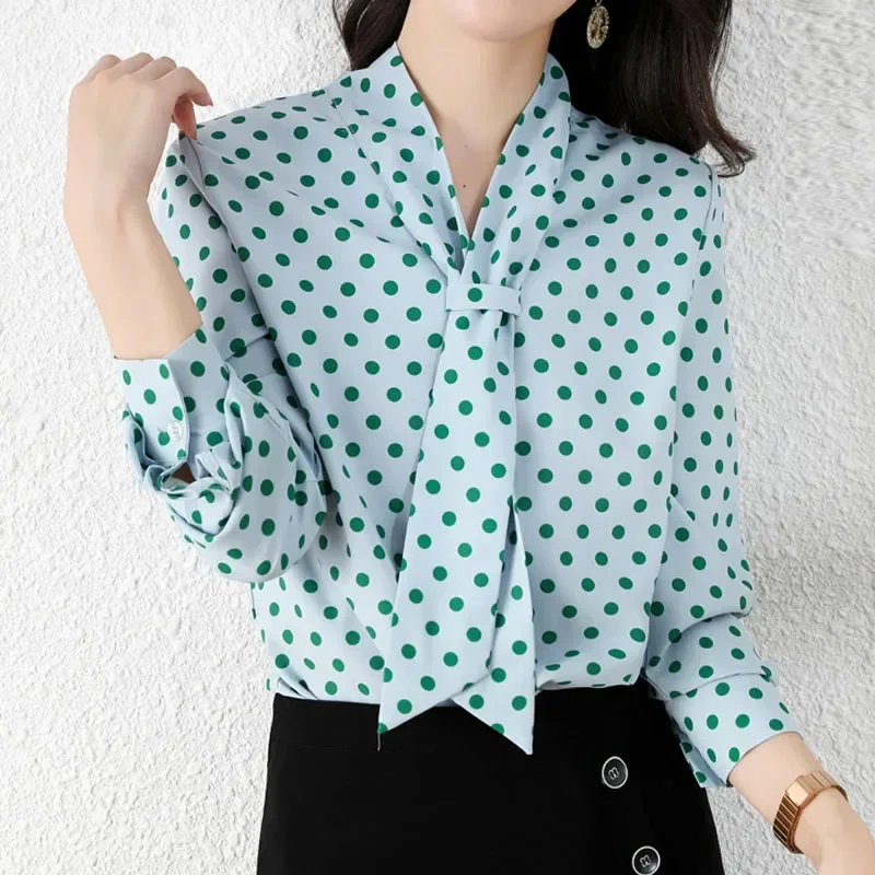 

Модная женская блузка на шнуровке с длинным рукавом в горошек, шифоновая блузка с v-образным вырезом, рубашка, женские топы, Camisas Blusa Blusas Camisas De Mujer M188