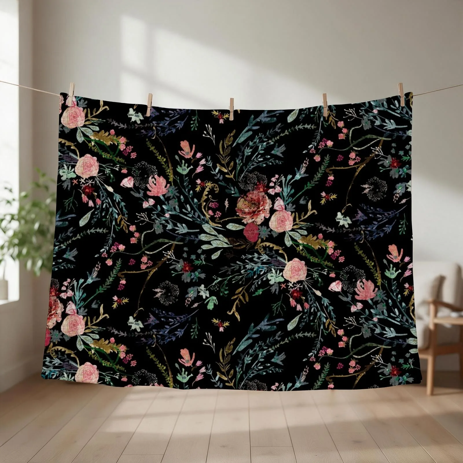 Midnight Floral Throw Blanket Plush Cute Plaid Personalized Gift Thins Blankets