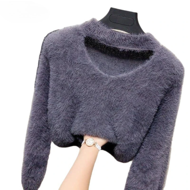 

Imitation Mink Fur Hanging Neck Design V-neck Sweater Women's Pullover Autumn and Winter New Knitted Base Sweater Jacket
