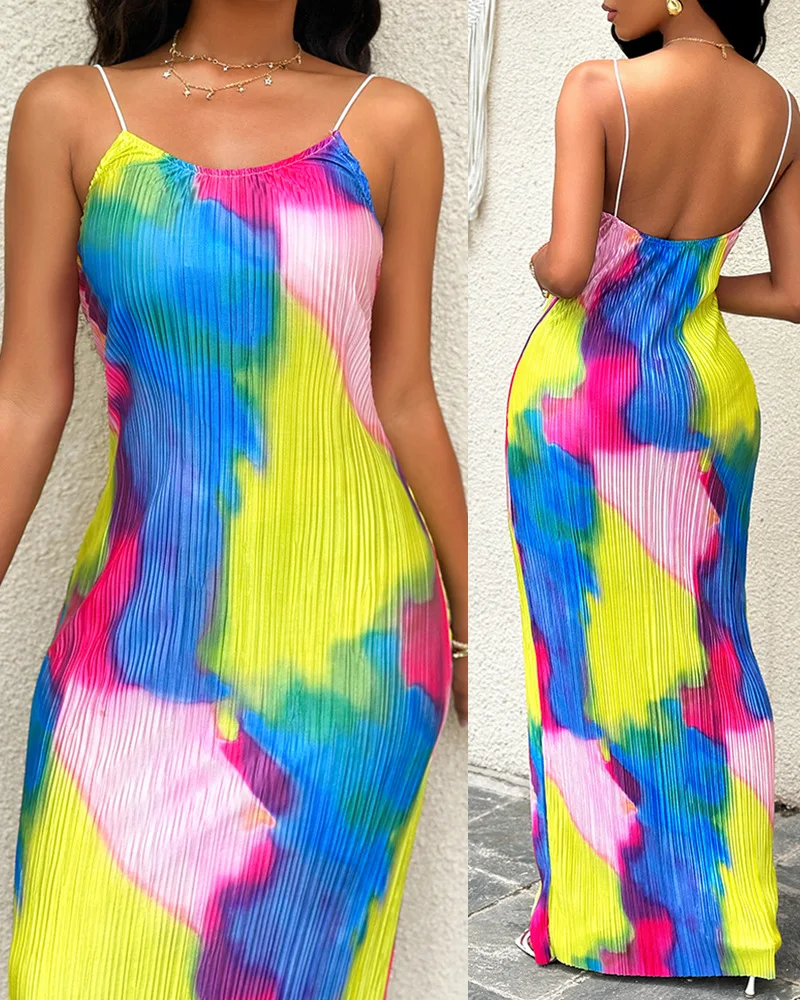 Women Fashion Slim Skinny Colorblock Tie Dye Print Pleated Cami Maxi Dress Sleeveless Sexy Bodycon