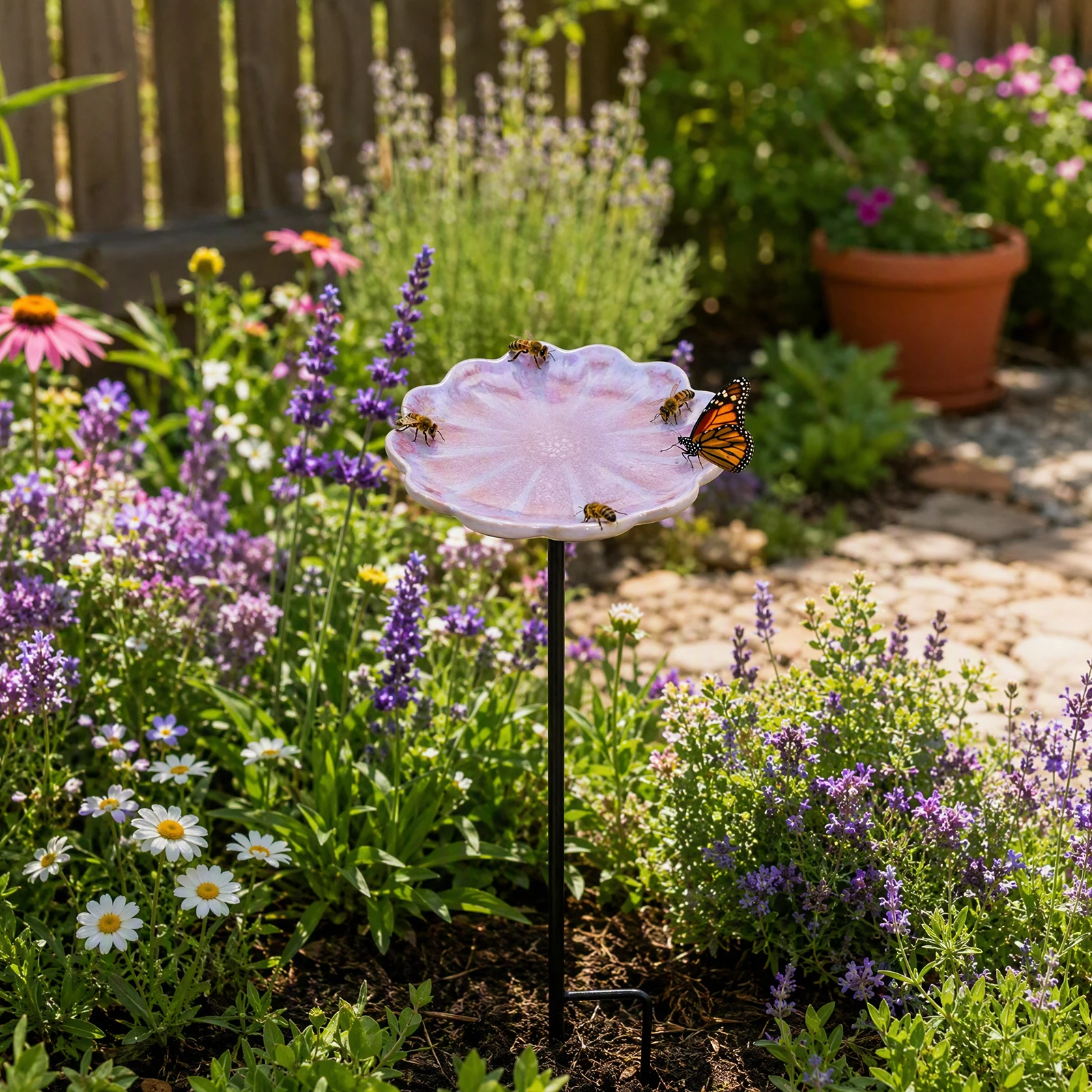 Ceramic Bee Watering Dish Flower Shallow Bowl Garden Stake Pollinator Habitat Accessory Outdoor Decor