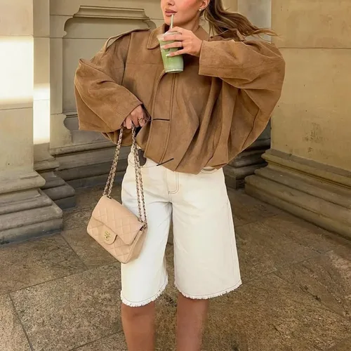 Imagen 2 del producto KONDALA-Chaqueta Bomber informal elegante de color caqui y marrón para mujer, abrigos holgados de manga larga con cremallera, moda de otoño e invierno, prendas de vestir 2025