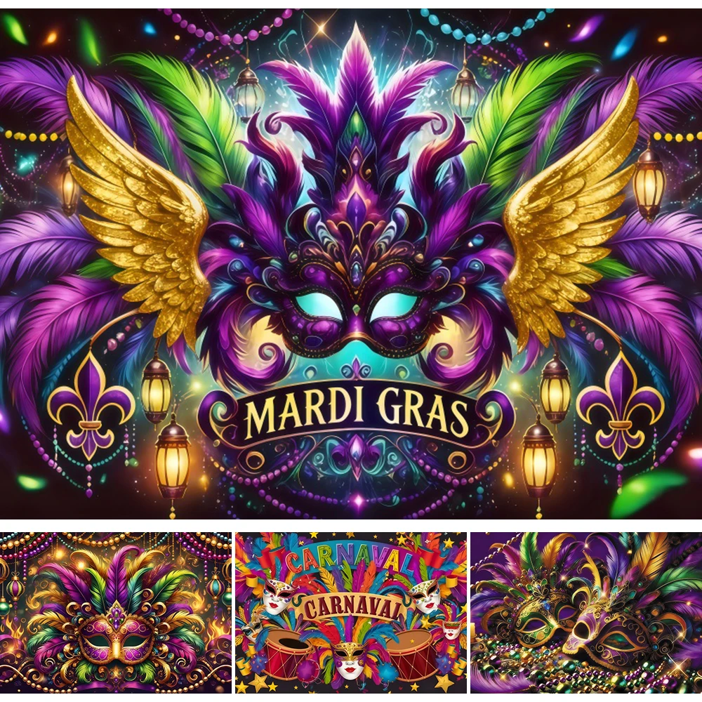 Mardi Gras Party Backdrop Colorful Feather Mask Samba Dance Glitter Carnival Holiday Photography Background Photo Booth Props ﻿