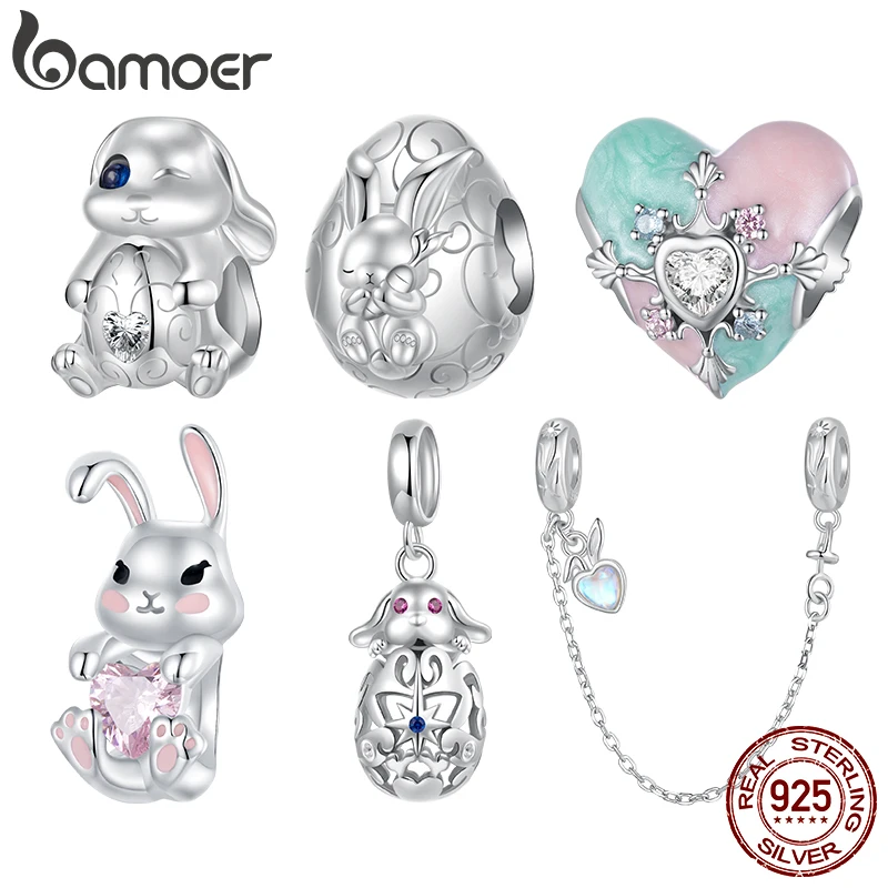 

Bamoer Original 925 Sterling Silver Original Easter Rabbit with Egg Charm Safety Chain Spring For Women Party Gift Fine Jewelry
