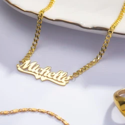 Custom Ribbon Heart Name Necklace Women Girl Love Jewelry Personalized Gold Color Stainless Steel Cuban Chain Nameplate Necklace