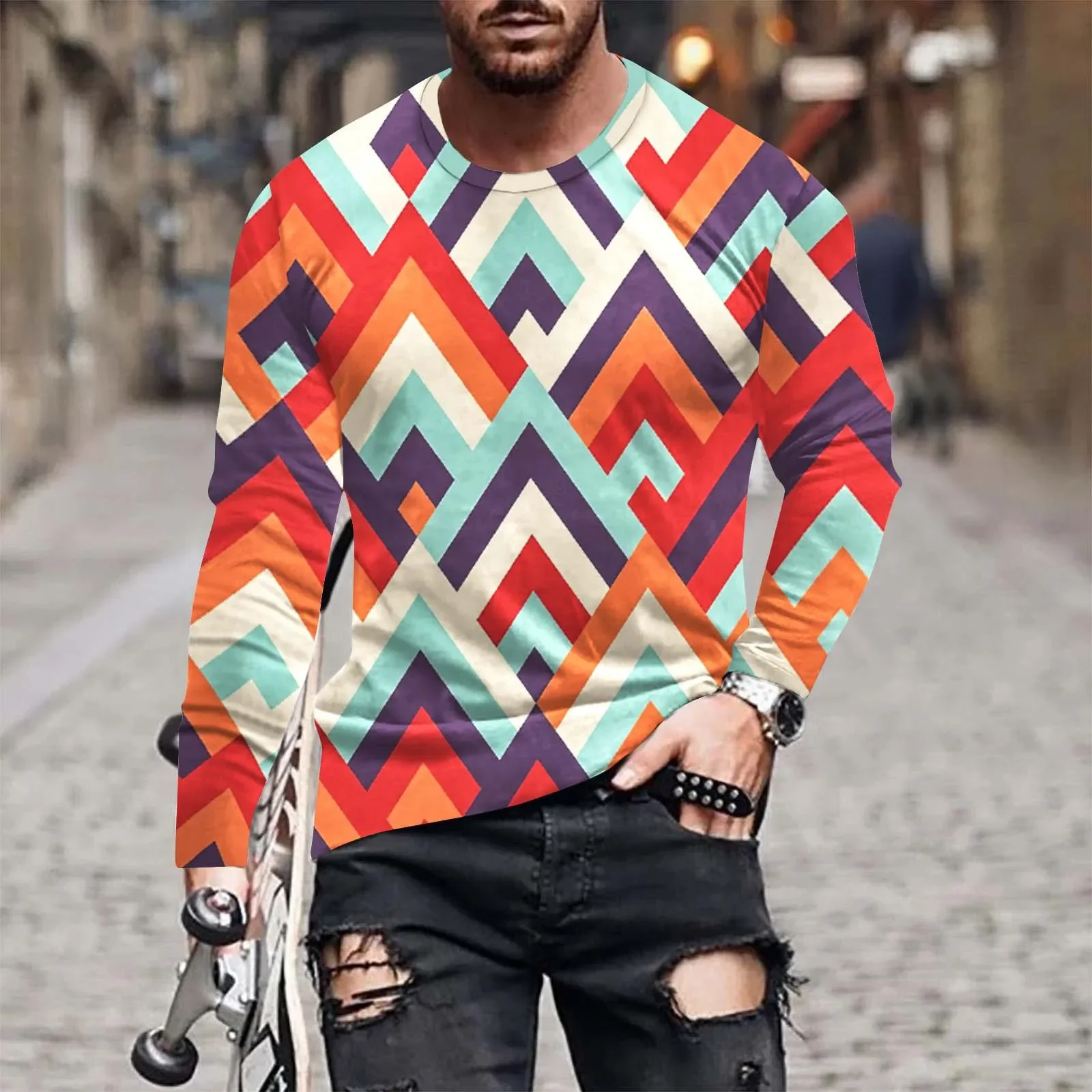 Pop Spring And Autumn Europe And The United States Men's 3d Colorful Printed Men's Casual Trend Crewneck Long Sleeve T-shirt