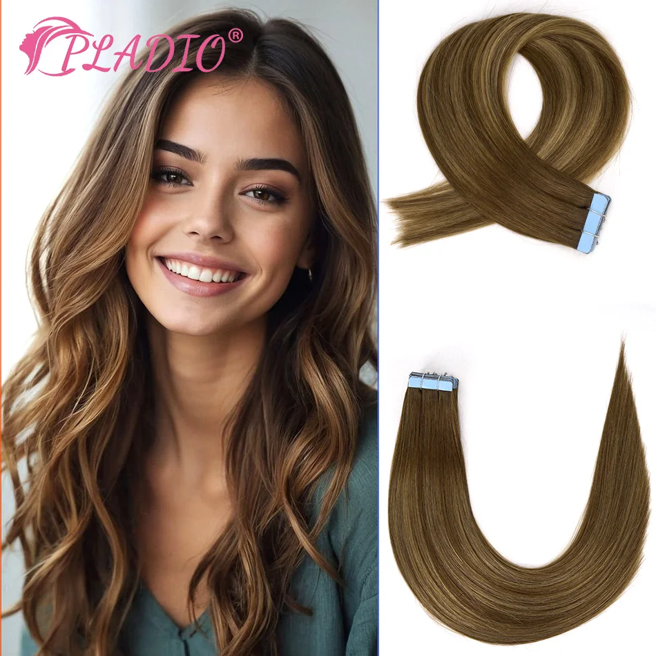 PLADIO Tape In Human Hair Extensions T4/4/27 Ombre Brown 14-28 Inch Silky Straight Remy Hair Invisible No Tangling 20/40 Pcs