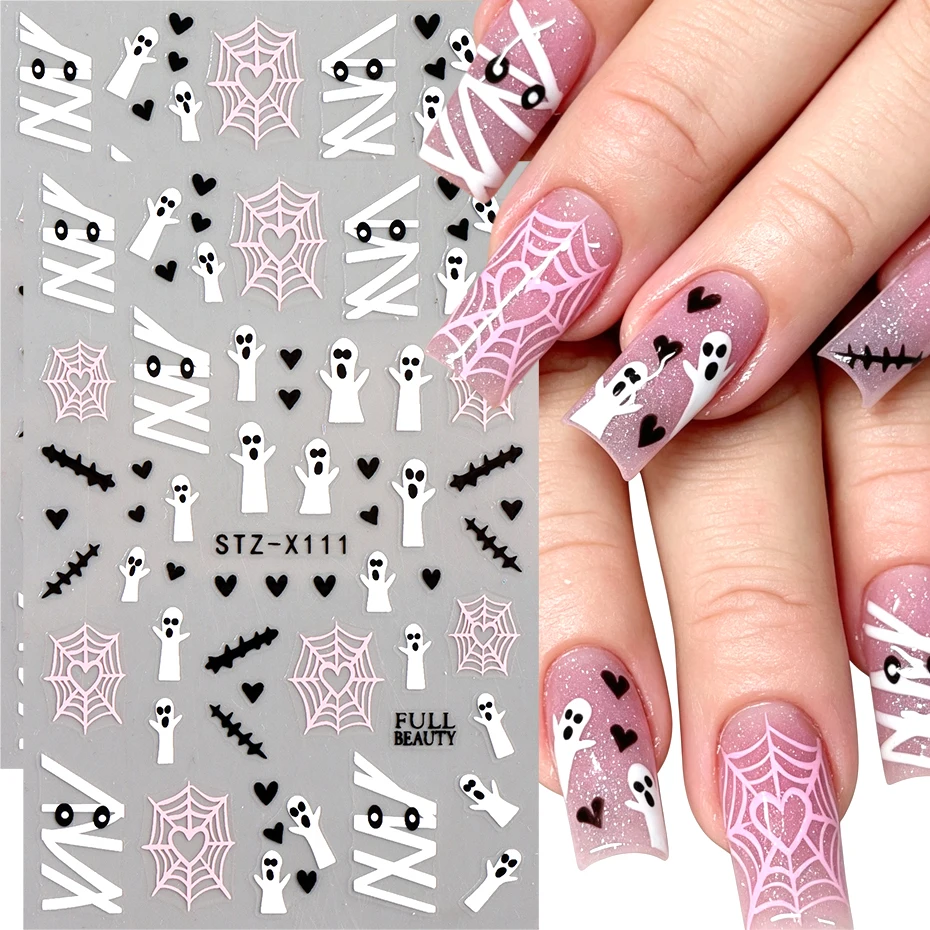Cute Ghost Pink Halloween Nail Art Stickers Cartoon Ghost Spooky Kawaii Nail Decals Self-Adhesive Sliders DIY Nail Supplies