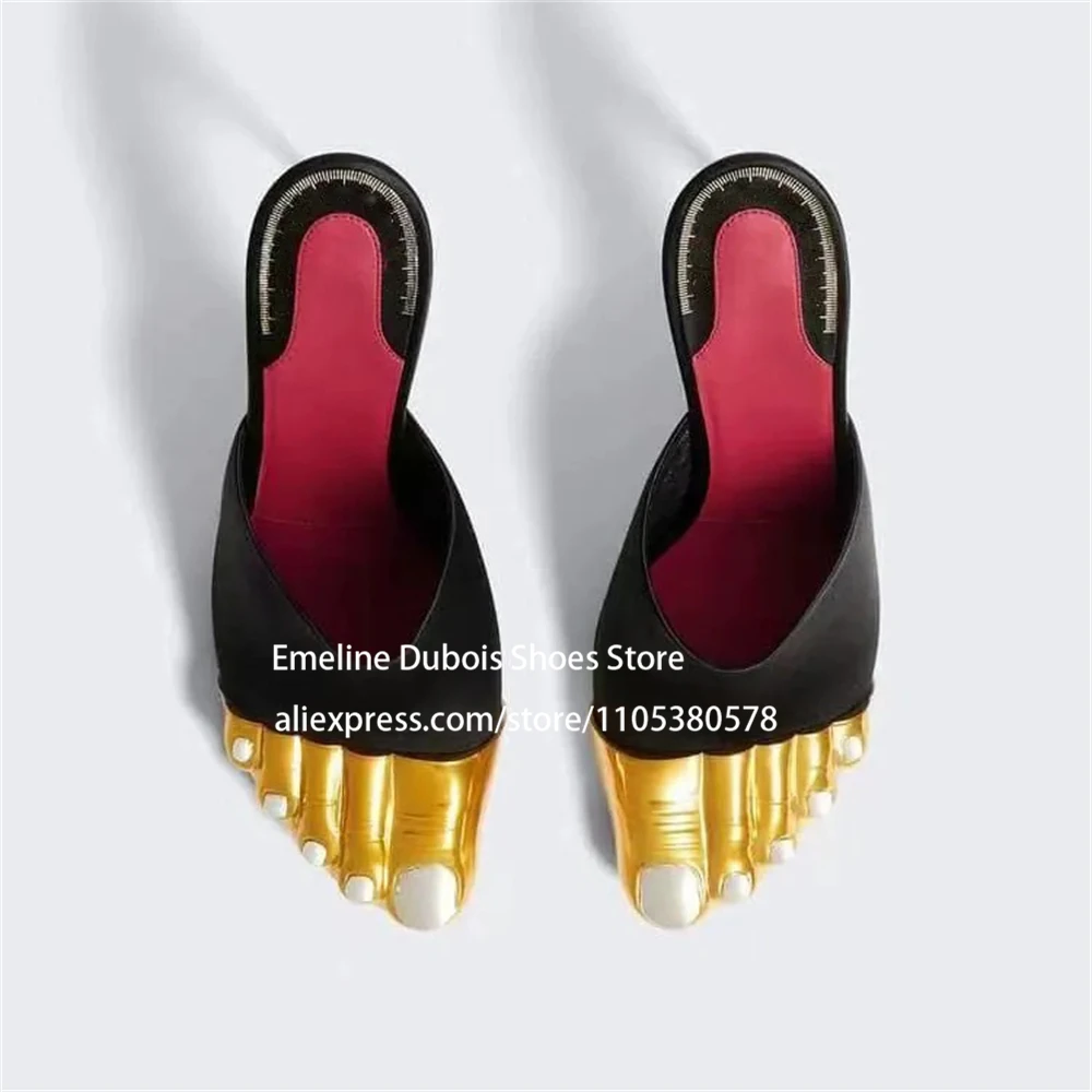 

Black Suede Gold Toe High Heels Slipper Slingback Novelty Style Stiletto Pumps Pointed Toe Mules Fashion Women Summer Shoes
