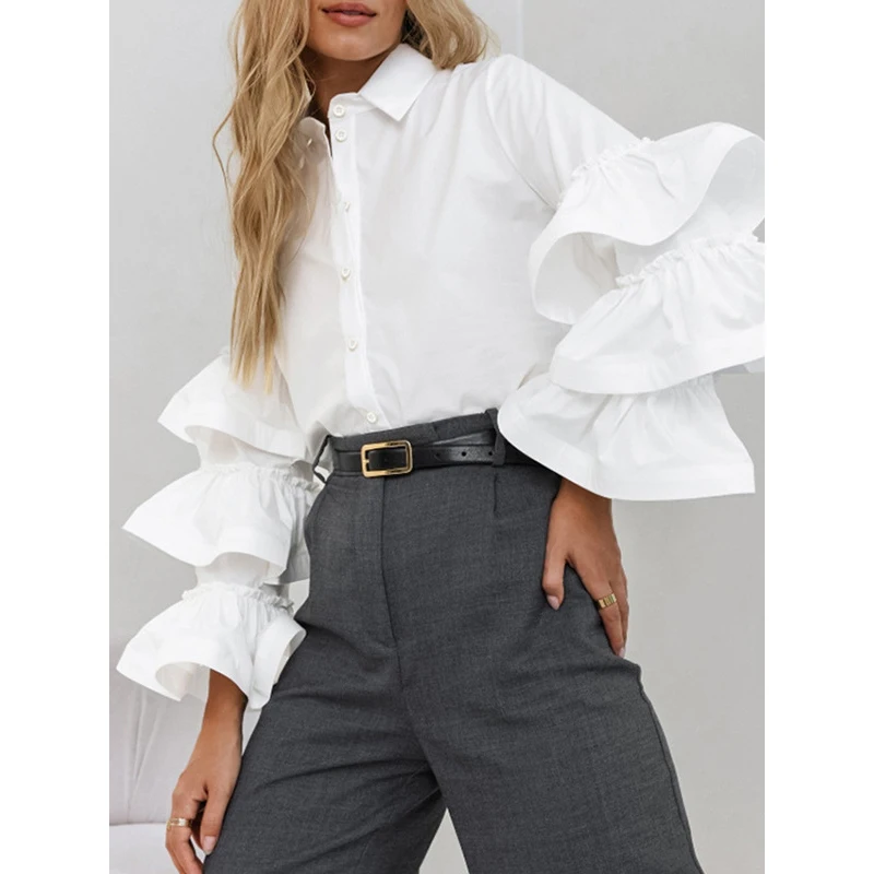 

Long Krisnanas 2024 New Fashion Sleeves Loose Buttoned Pleated Ruffled Solid Color Split-Joint Lapel Blouses&Shirts Stylish Tops