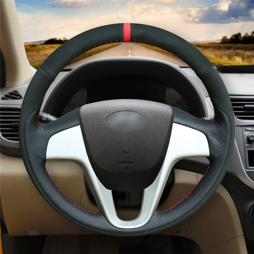

Сшитый вручную нескользящий чехол на руль из искусственной кожи своими руками для Hyundai Solaris Verna i20 Accent, аксессуары для интерьера