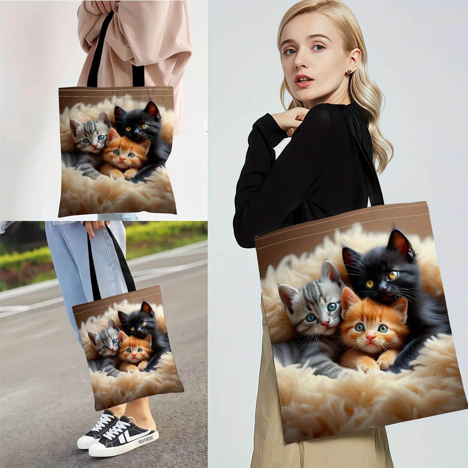 Women's Vintage Cat Print Tote Bag - Cute Kitten Design with Fluffy Fur Pattern, Durable Polyester Foldable Shopping Bag