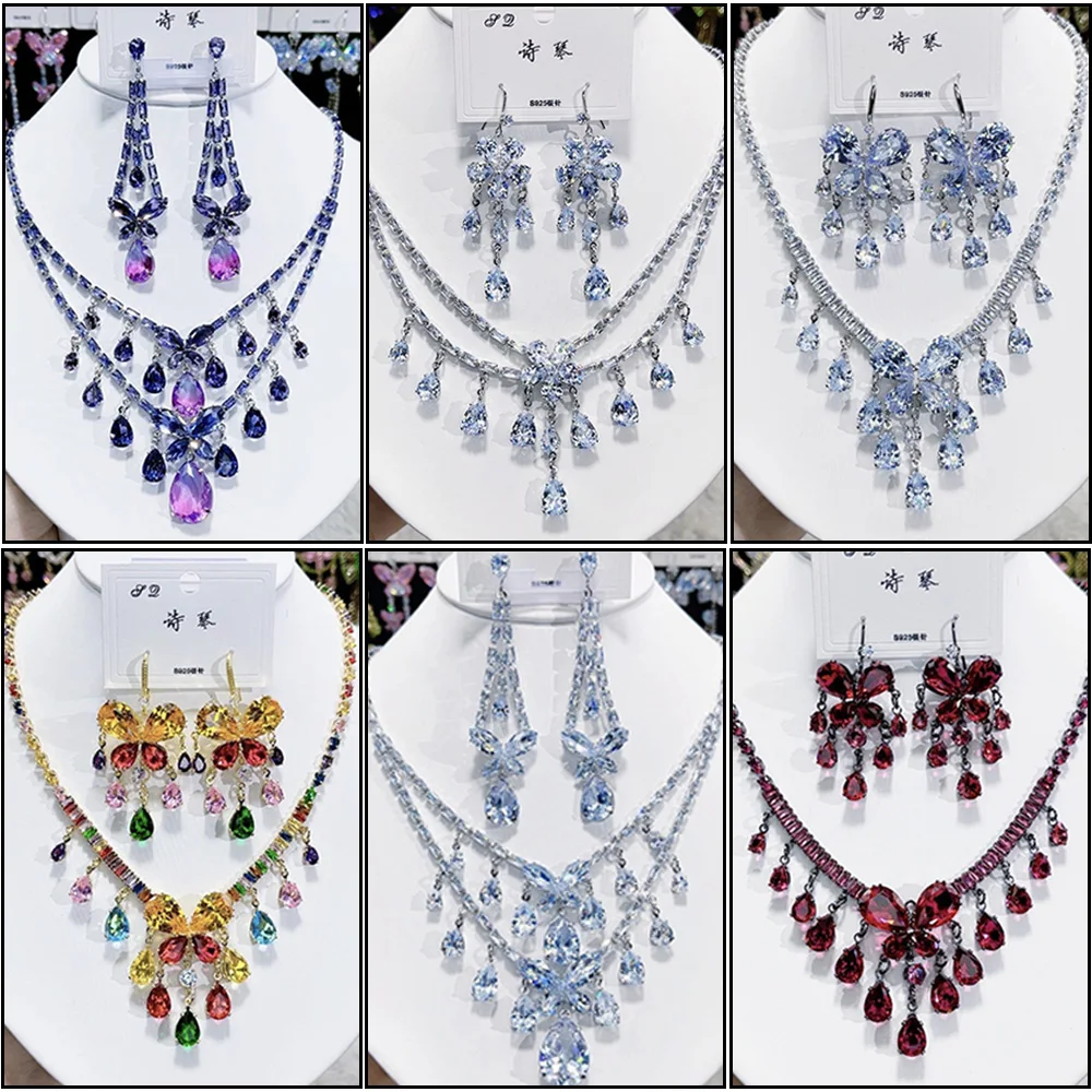 

Multicolor Waterdrop Tassel Zirconia Necklace Earrings Women New Silver Color Bridal Wedding Fashion Jewelry Set Party Gifts