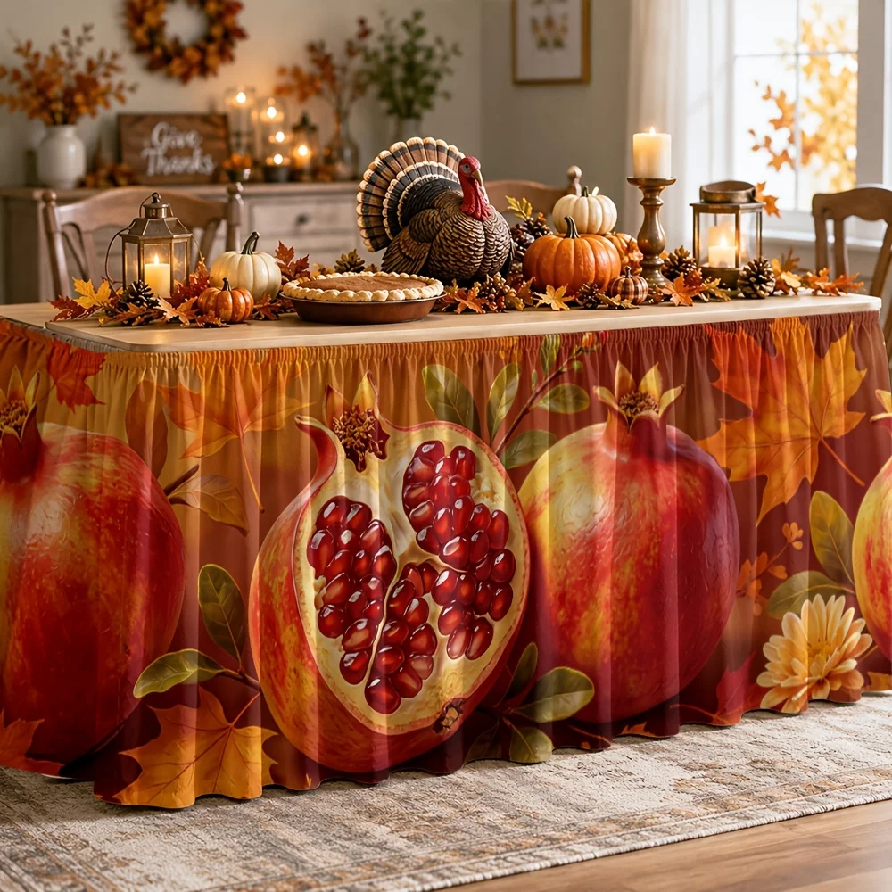 Autumn harvest, red wine, black pomegranate, golden maple leaves, banquet, autumn Thanksgiving Day, tablecloth for the table