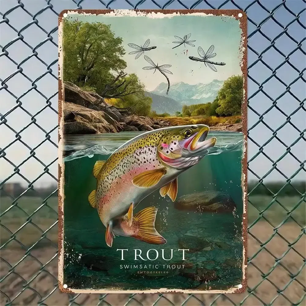 Vintage Trout Fishing Metal Tin Sign, Retro River Landscape Fly Fishing Wall Art Decor, Rustic Fisherman Gift for Man Cave, Gara