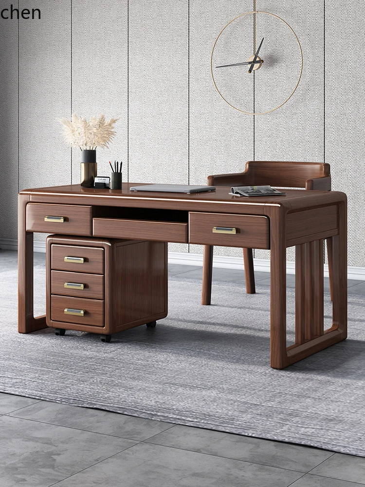 YFY New Chinese Style Solid Wood Desk and Chair Set Walnut Writing Desk Study Zen Furniture Home Desk Light Luxury