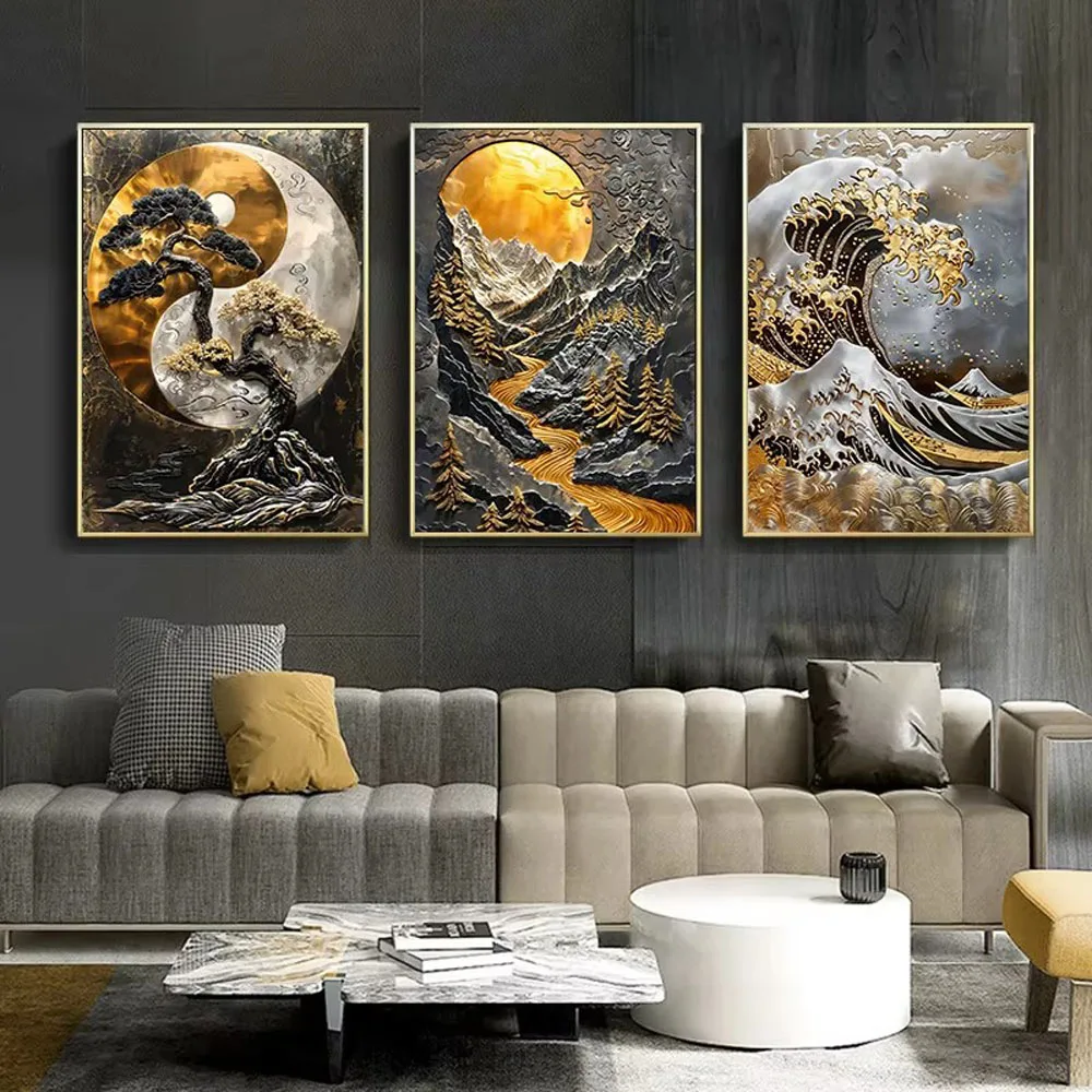 DIY Diamond painting Abstract Surreal Ukiyo-E Ocean Waves Mount Fuji Landscape Mosaic Embroidery Gold Yin Yang Fish Home Decor