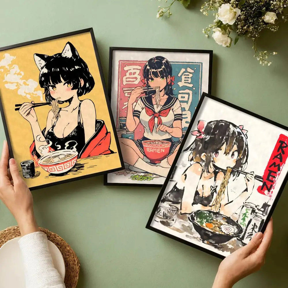Retro Anime Girl Eating Ramen Poster Waterproof Wall Art Sticker for Home Bar Decoration, Self-Adhesive Room Wall Decor Mural