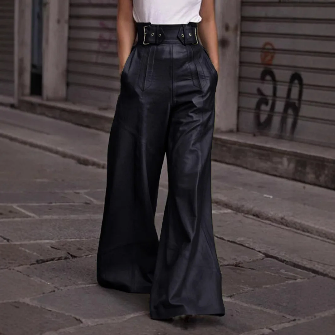 2026 New Loose High Waist Pleated Metal Buckle Streetwear Casual Trousers Women's Fashion PU Leather Solid Color Wide Leg Pants