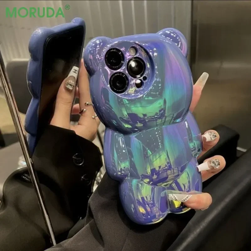 

Cute 3D Bear Laser Phone Case for iPhone 14 15 ProMax Plus 11 12 13 Pro Max 15 Color Plating Gradient Shockproof Cartoon Cover