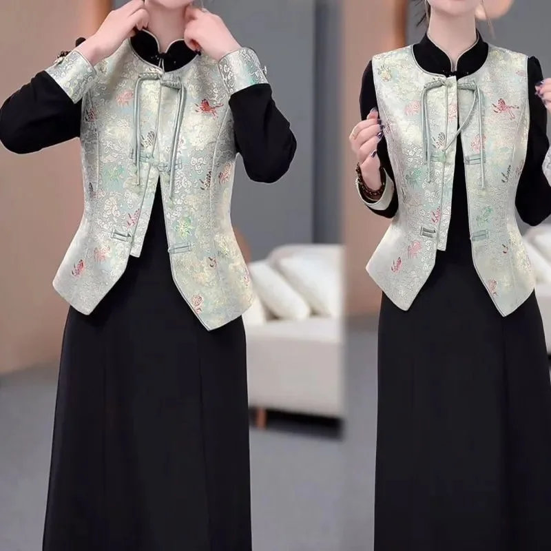 

Осенний женский модный комплект из двух предметов с принтом, 2025 Femme, улучшенная версия Cheongsam, высококачественная женская юбка большого размера 4XL, 2 шт.