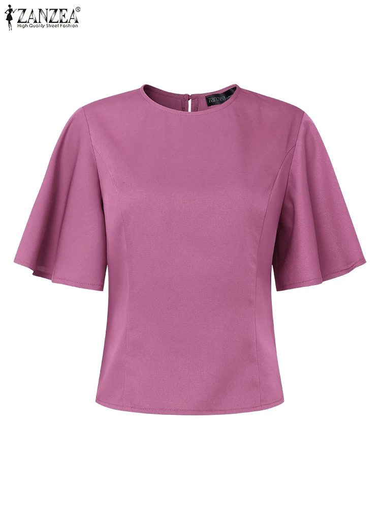 ZANZEA Mode Elegante Frauen Büro Dame Bluse 2025, Sommer Shirts Kurzarm Einfarbig Tunika Tops Rüsche Hülse OL Blusas