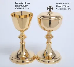 Catholic Chalice and Paten Set, Brass Gold Gilded Priest Ciborium with Cross Cover, Scared Vessel, Religious Supplies