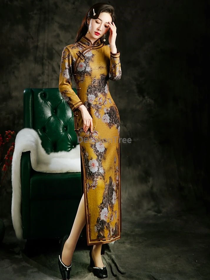 

2025 thicken warm autumn winter chinese cheongsam improved vintage traditional daily qipao fashionable high end printed qipao