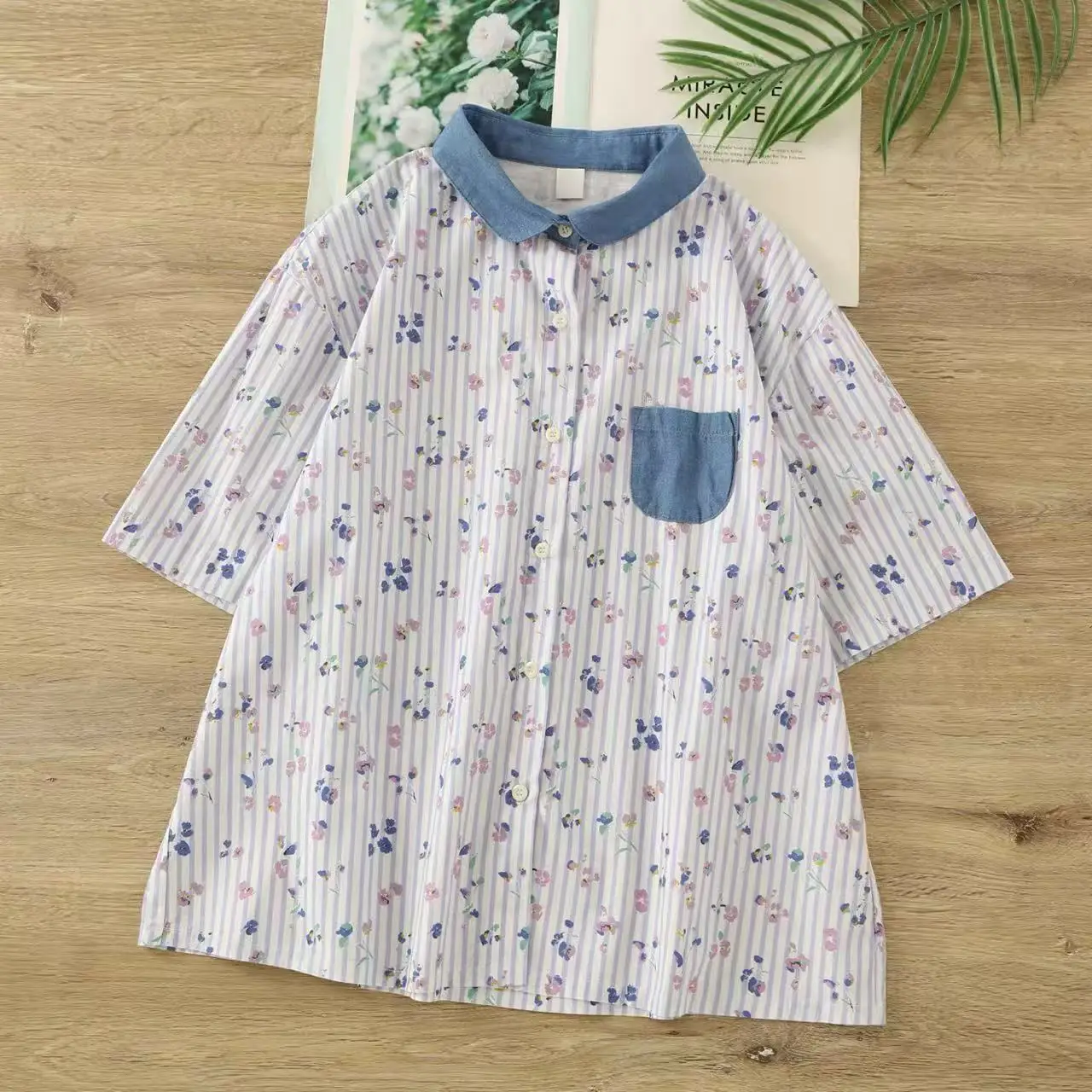 

2026 Women's Floral Striped Shirt Pure Cotton Denim Collar Short Sleeve Casual Blouse, Loose Cottagecore Summer Top with Pocket